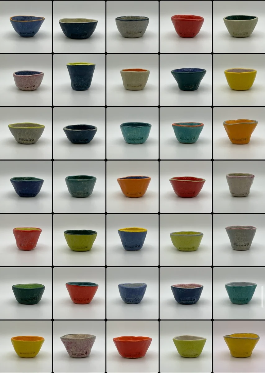 An archived grid of individual Scrappy Little Pot photographs, showing variations in form and color and Snowfro stamps near their bases.