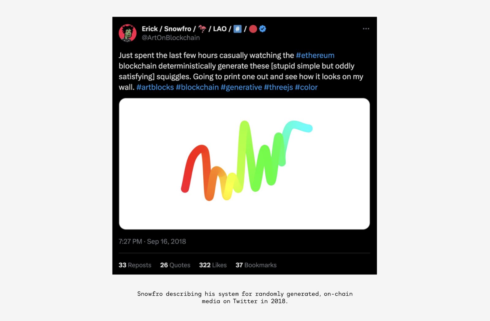 Screenshot of Snowfro’s September 2018 tweet describing Ethereum-seeded Squiggles, with a rainbow prototype on white.