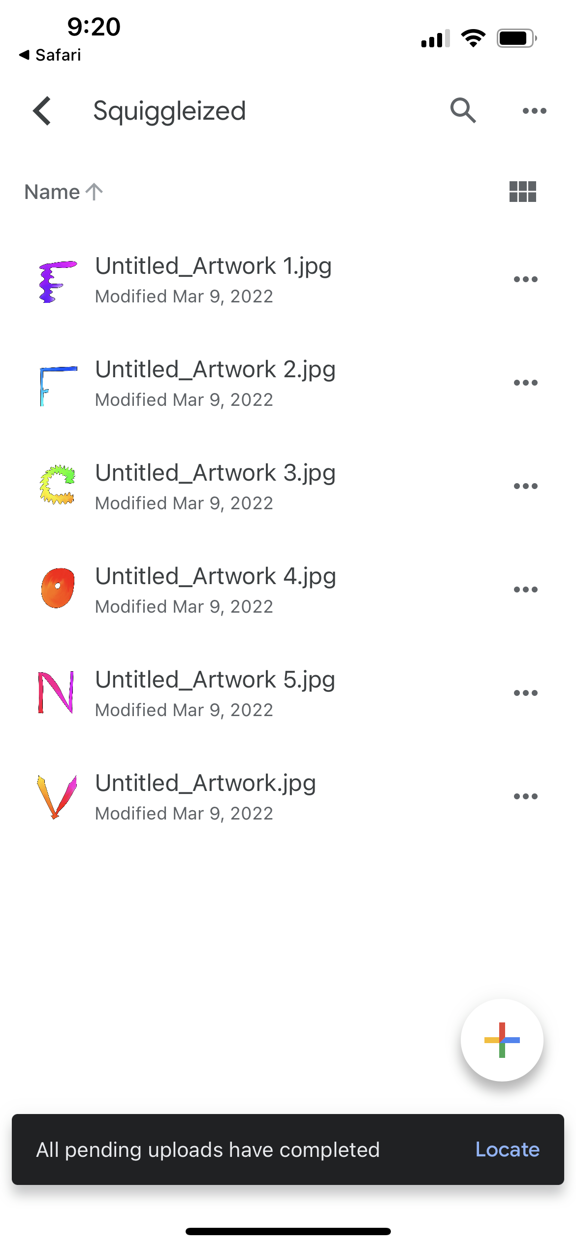 An archived phone screenshot of a folder called Squiggleized, showing six exported letter images.