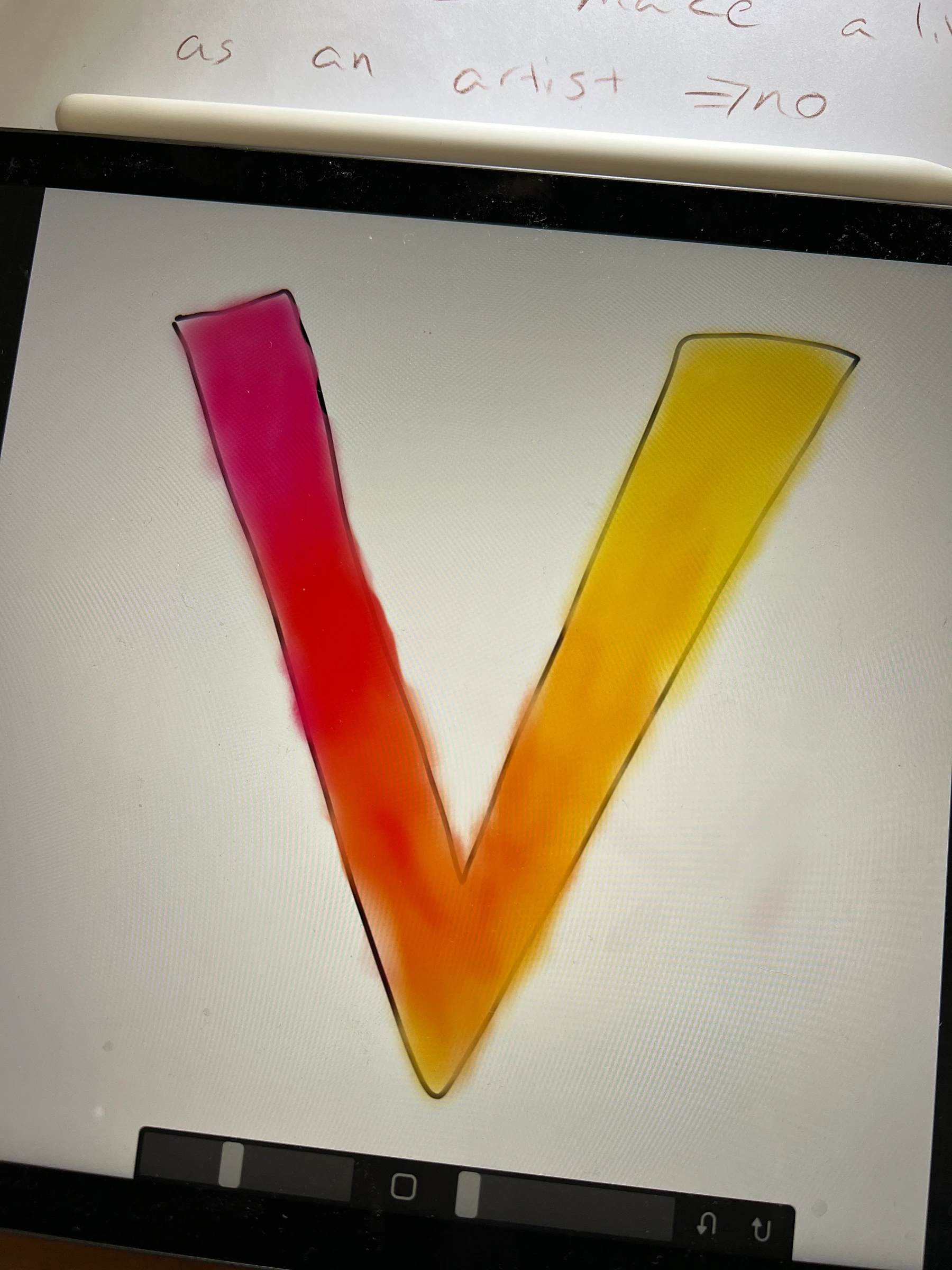 A tablet displaying an outlined V filled with a gradient from pink and red through orange to yellow.